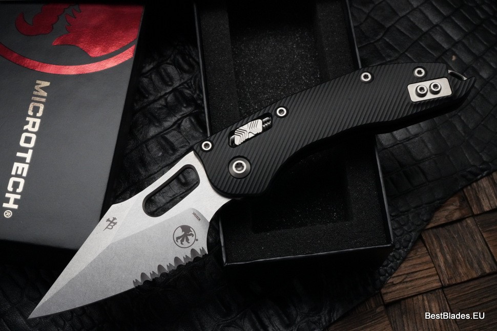 Microtech Knives Manual Stitch RAM LOK Fluted Black Aluminum & Partial Serrated M390MK 169RL-11FL