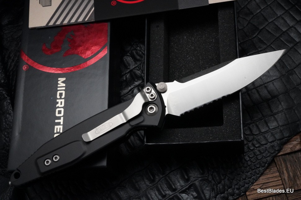 Microtech Socom Elite Single Edge Stonewash Partial Serrated Manual & Black 160-11