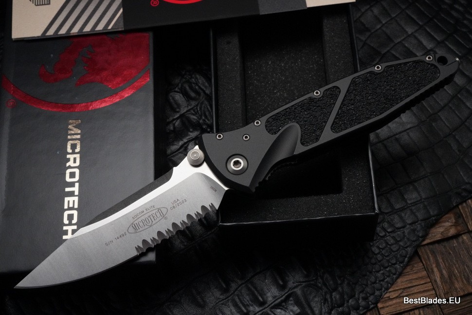Microtech Socom Elite Single Edge Stonewash Partial Serrated Manual & Black 160-11