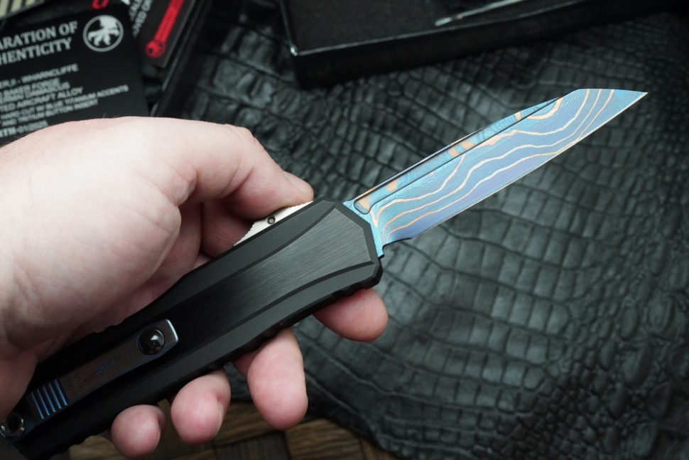 Microtech Marfione Select Cypher II Black w/ Tritium Inlaid Button & S/E Blued Baker Forge Copper-Mai 1241-16MS1
