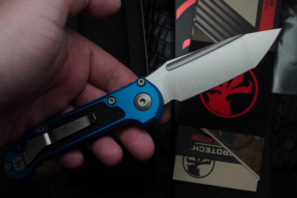 Microtech Knives LUDT Gen III Stonewash Tanto w/ Blue Handle 1136-10BL
