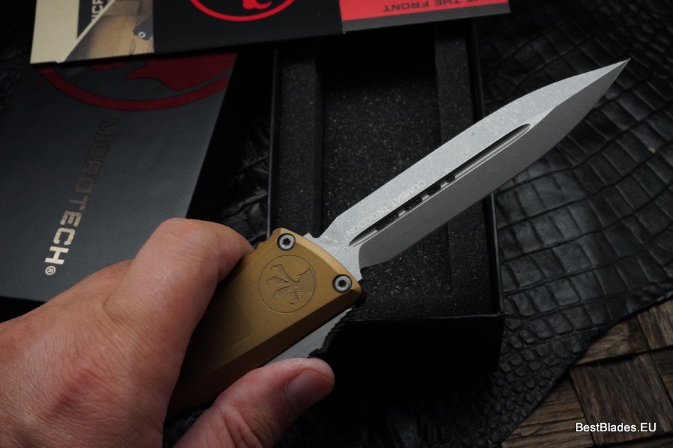 Microtech Knives Combat Troodon Gen III Apocalyptic Double Edge w/ Tan Handle 1142-10APTA