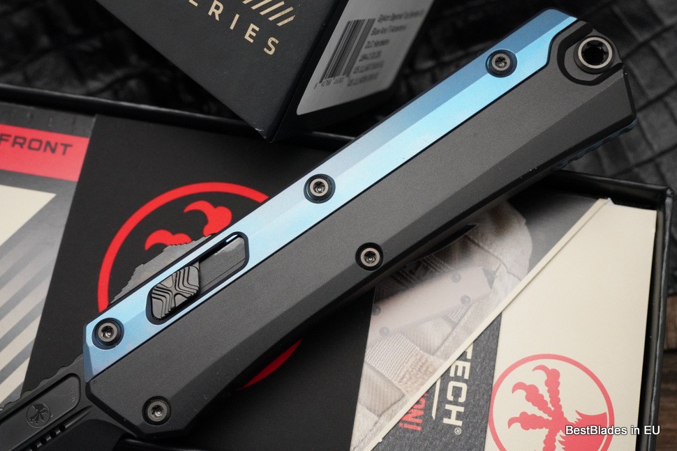 Microtech Glykon DLC Bayonet Part Serrated w/ Blue Anodized Accents Signature Series 184-2DLCBL