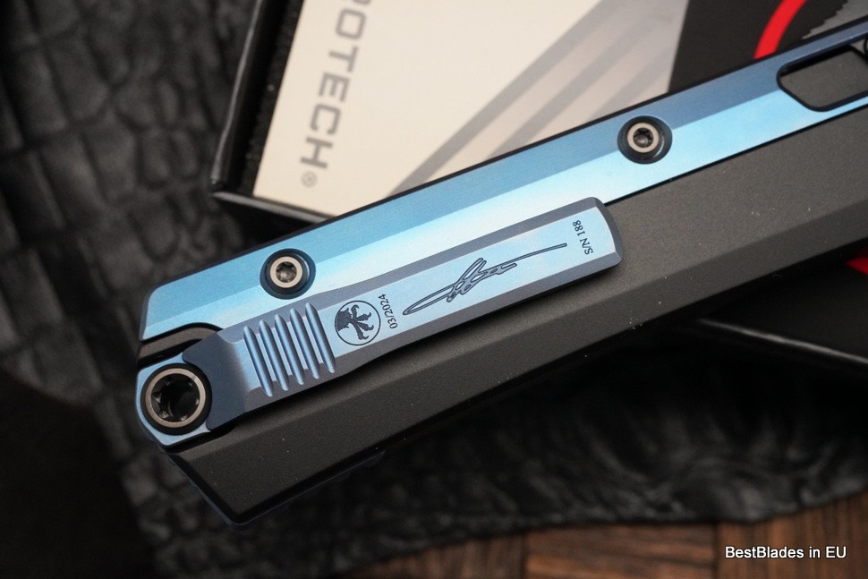 Microtech Glykon DLC Bayonet Part Serrated w/ Blue Anodized Accents Signature Series 184-2DLCBL