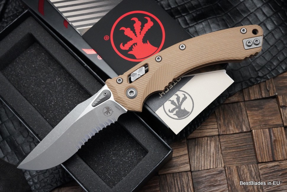 Microtech Amphibian RAM LOK Tan Fluted G-10 & Partial Serrated Apocalyptic M390MK 137RL-11APFLGTTA