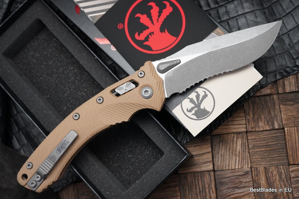 Microtech Amphibian RAM LOK Tan Fluted G-10 & Partial Serrated Apocalyptic M390MK 137RL-11APFLGTTA