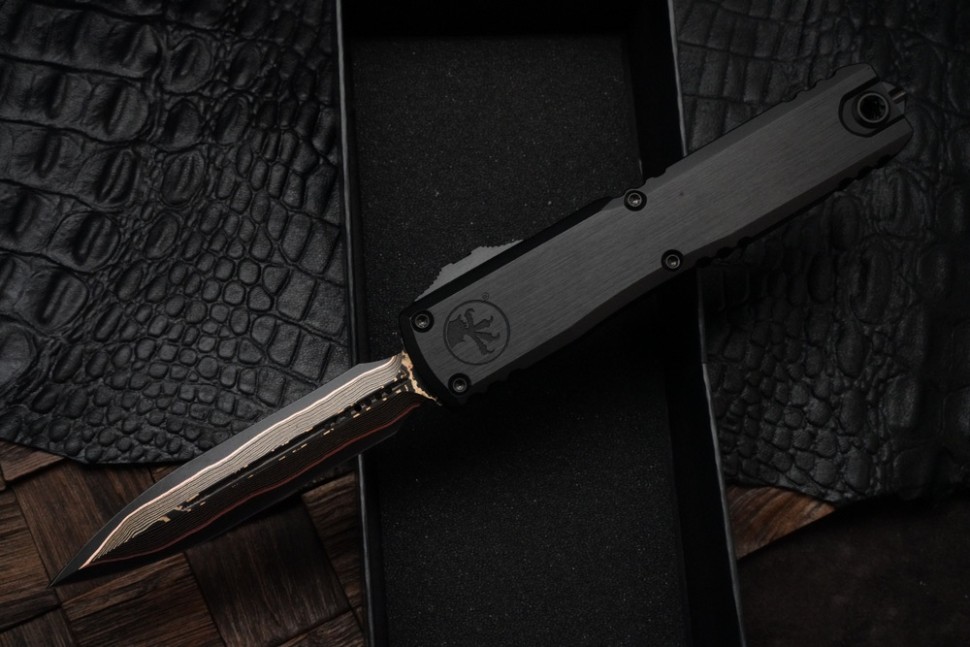 Microtech Marfione Select Ultratech ZBP D/E Baker Forge TigerMai w/ Hefted Black Handle & DLC Accents 1122-16MS1