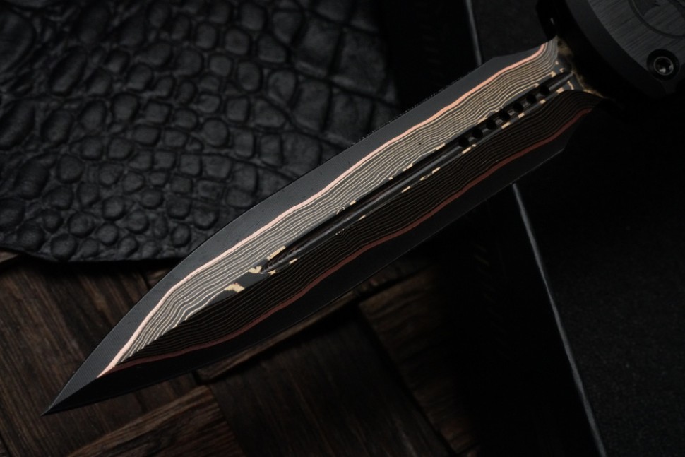 Microtech Marfione Select Ultratech ZBP D/E Baker Forge TigerMai w/ Hefted Black Handle & DLC Accents 1122-16MS1