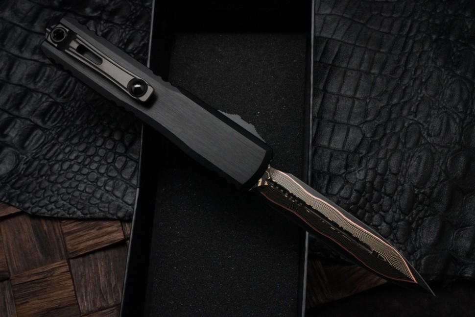 Microtech Marfione Select Ultratech ZBP D/E Baker Forge TigerMai w/ Hefted Black Handle & DLC Accents 1122-16MS1