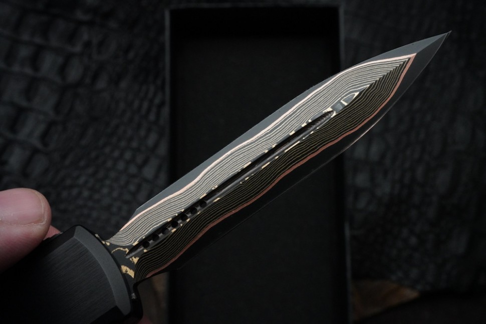 Microtech Marfione Select Ultratech ZBP D/E Baker Forge TigerMai w/ Hefted Black Handle & DLC Accents 1122-16MS1