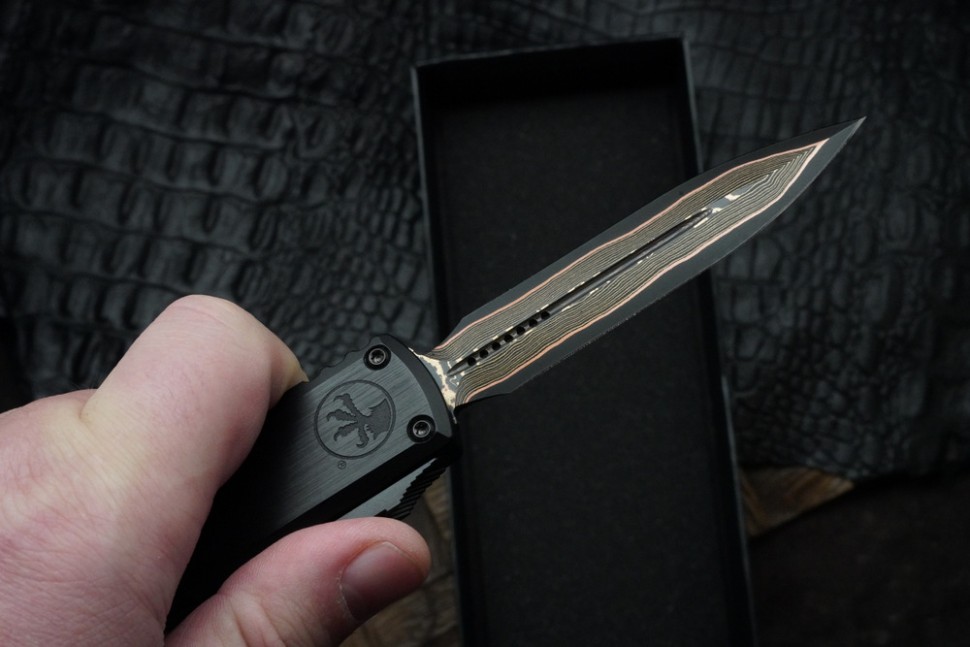 Microtech Marfione Select Ultratech ZBP D/E Baker Forge TigerMai w/ Hefted Black Handle & DLC Accents 1122-16MS1