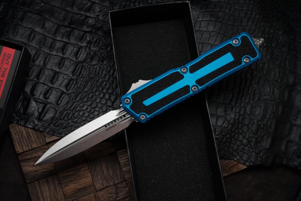 Microtech Scarab 2 Gen 3 D/E Stonewash Standard w/ Blue Handle 1280-10BL